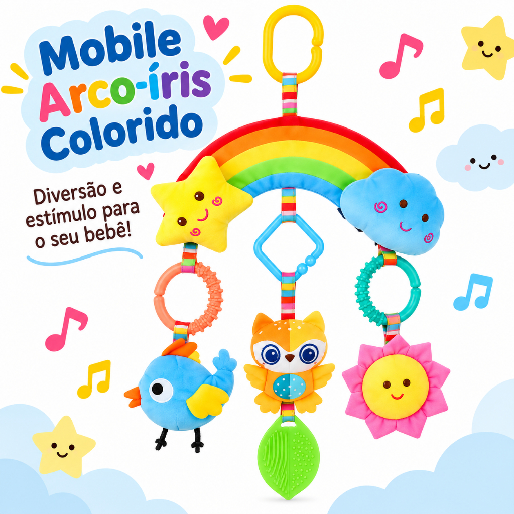 Mobile Arco-Íris Colorido para Bebê com Chocalho, Mordedor e Brinquedos Sensoriais Carrinho e Berço