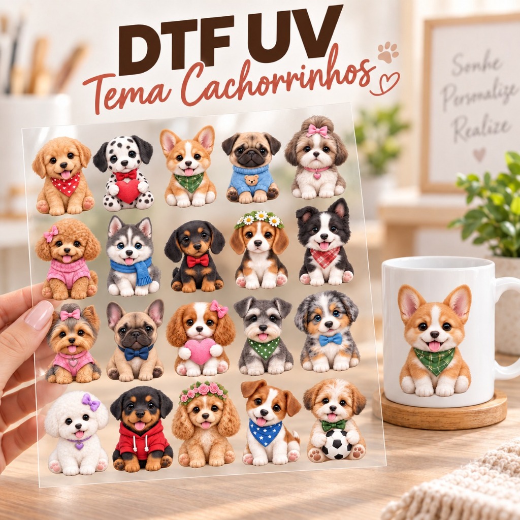 Adesivos DTF UV Cachorrinhos. Alto relevo e brilho. Ideal para Canecas, Copos e Garrafas