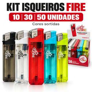 Kit 10 30 50 Isqueiros Eletrônicos Recarregáveis FIRE Coloridos para Revenda Comércio Bar Restaurante Sem Gás