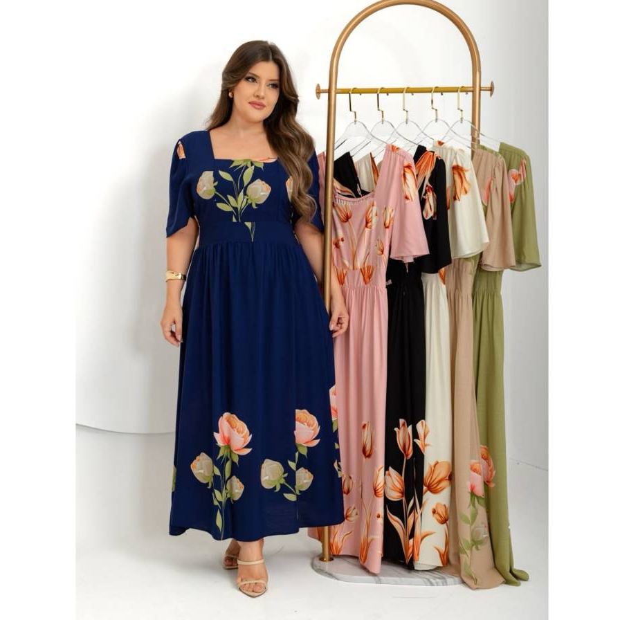 VESTIDO FEMENINO MIDI EM DECOCHE QUADRADO EM VISCOSE SARJA ESTAMPADO 001