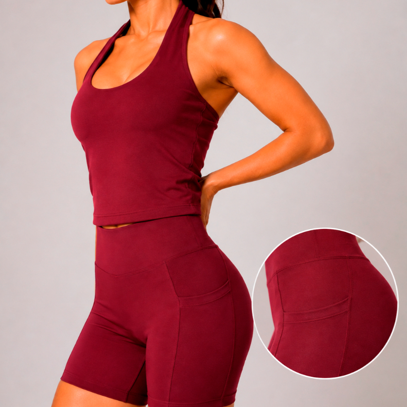 Conjunto Fitness Feminino Suplex Zero Transparência com Bolso e Top Academia Calça Short Moda Fitness Corrida Crossfit