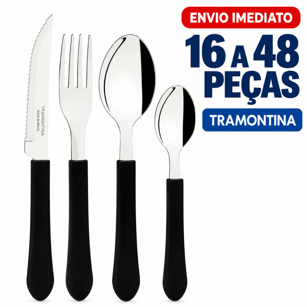 Jogo Talheres Faqueiro Tramontina Leme Aço Inox Cabo Polipropileno Preto 16, 24, 32, 40 ou 48 Peças