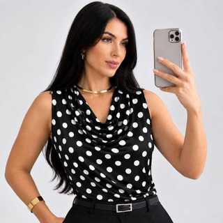 Blusa Gola Boba Regata Poá Bolinha Drapeada Elegante Social Casual Moda Verão Polimicro Sensação de poliamida