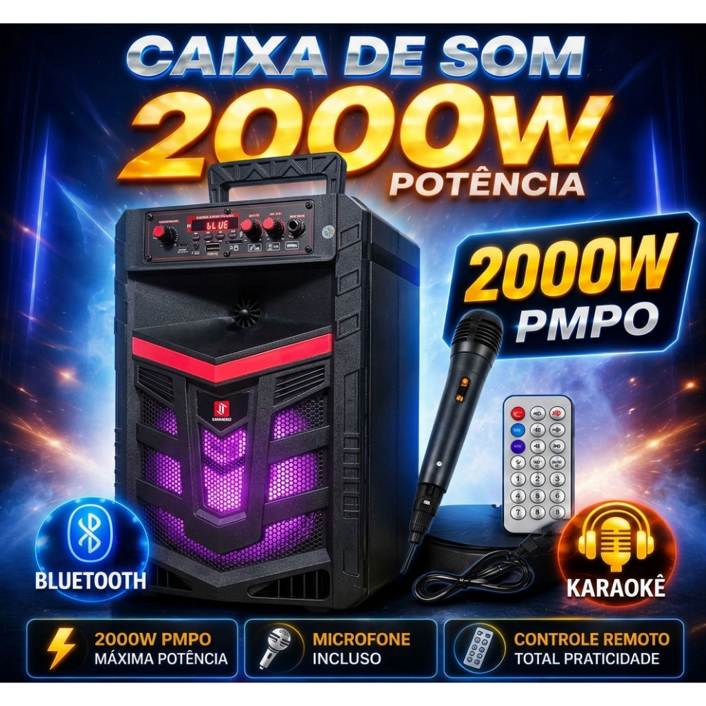 CAIXA DE SOM 2000W COM CONTROLE REMOTO E MICROFONE - FUNÇÕES BLUETOOTH E KARAOKE