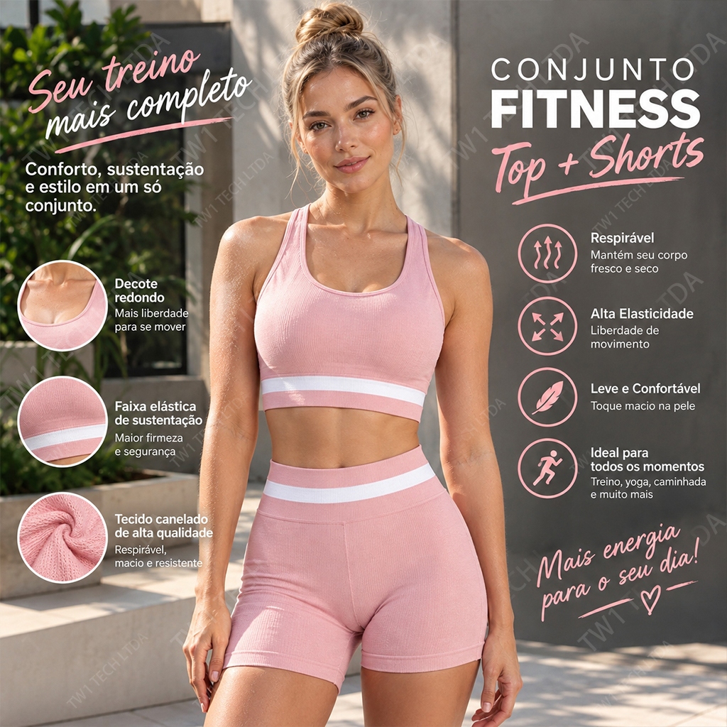Conjunto Fitness Feminino Top Regata+Short Canelado Cintura Alta Modelador Alta Elasticidade Respirável Academia Tamanho