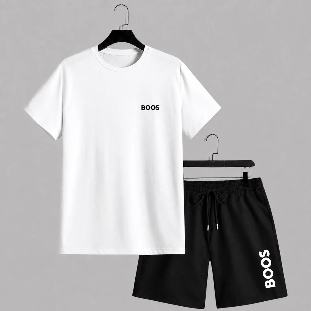 Conjunto Camiseta 100% Algodão 30.1 + Bermuda Moletom Moletinho Masculino Estampado Camisa E Bermuda Casual Lançamento