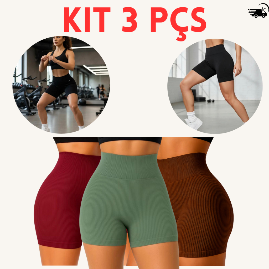 Kit 3 Short Academia Feminino Fitness Canelado Poliamida Premium Cintura Alta Zero Transparência Treino