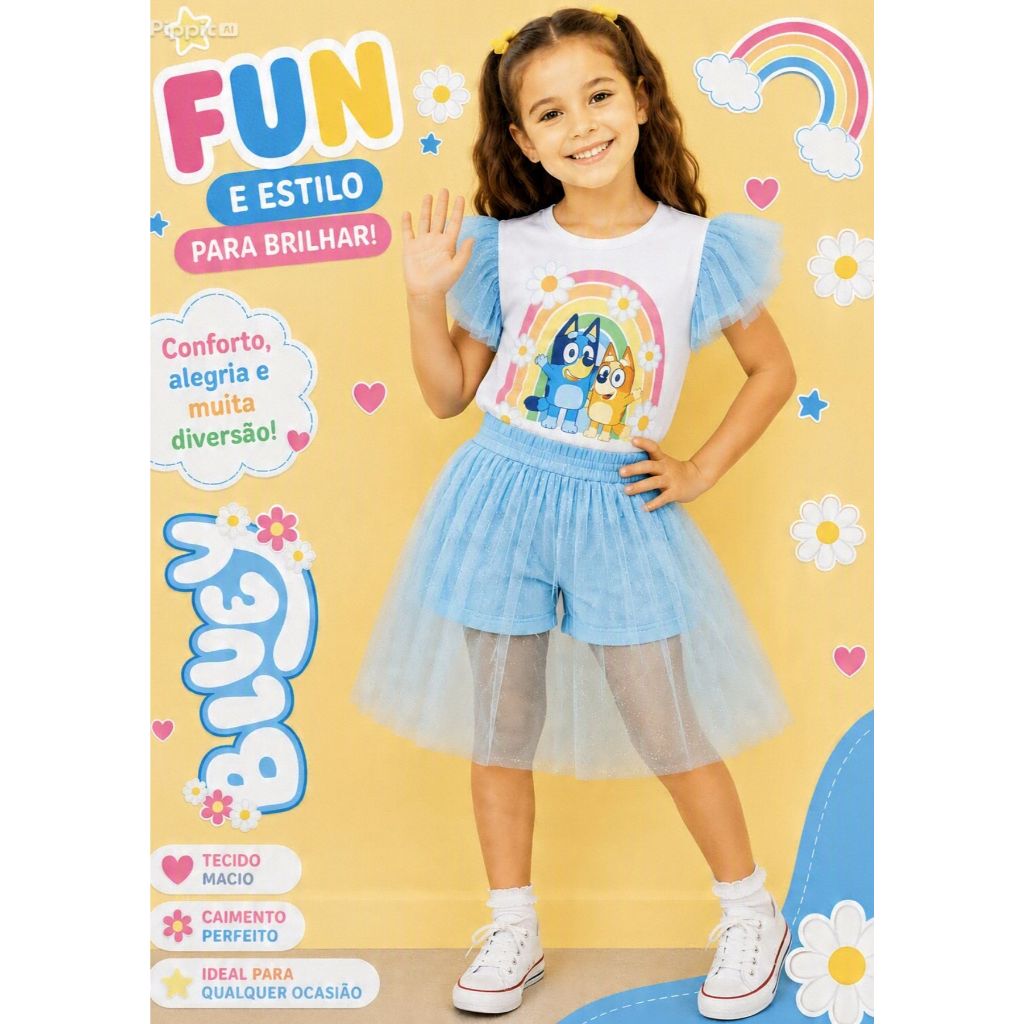 Conjunto Infantil Feminino - Blusa Manga Tule e Short Saia Azul ou Amarelo