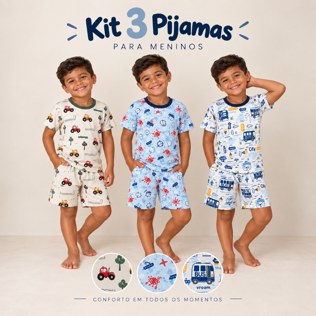 Kit 3 Ou Individual Pijama Conjunto Manga Curta Menino Verão Masculino Estampado Algodão Confortável