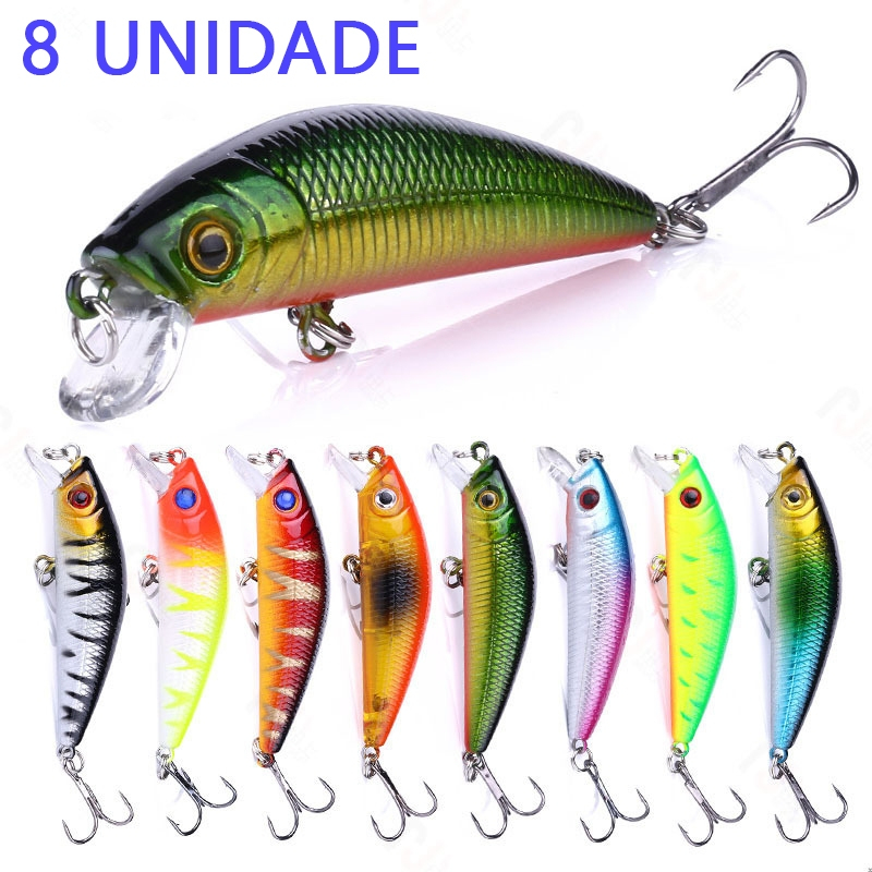 Kit 8 Iscas Artificiais Minnow Suspensa ABS 7cm 8,1g, Garateias Duplas, Pesca Água Doce e Salgada