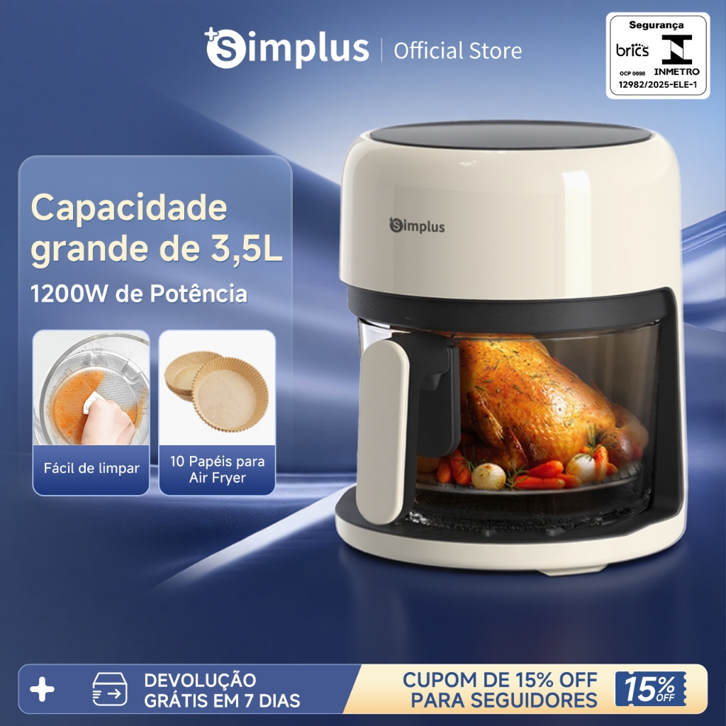 Simplus Air Fryer 10 em 1 3,5L 1200W 127V Sem Óleo Touch Digital, Vidro Fácil de Limpar, Cozimento Saudável, Janela 360°