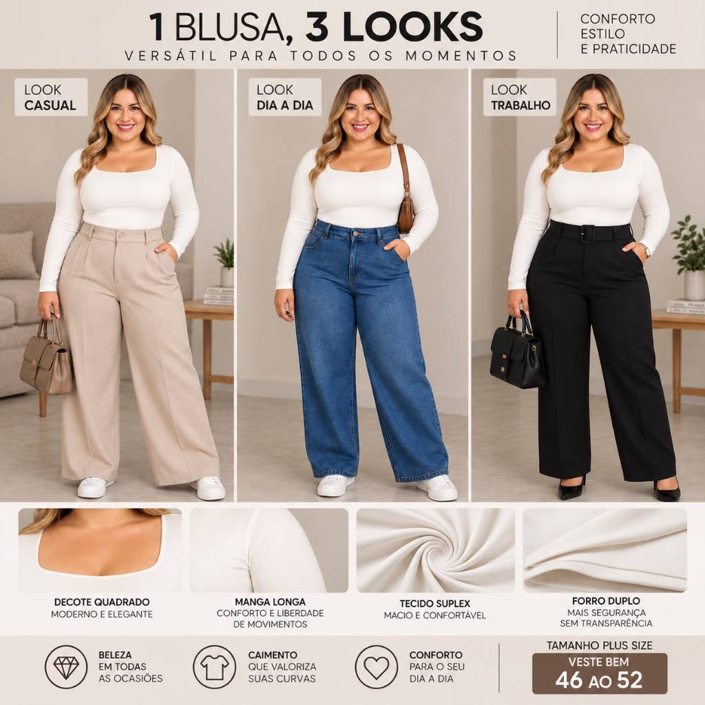 Kit 2 Peças Blusa Feminina MangaLonga Plus Size Curve Mid Size Curve DecoteQuadrado Suplex Poliamida — imagem 2 de 2