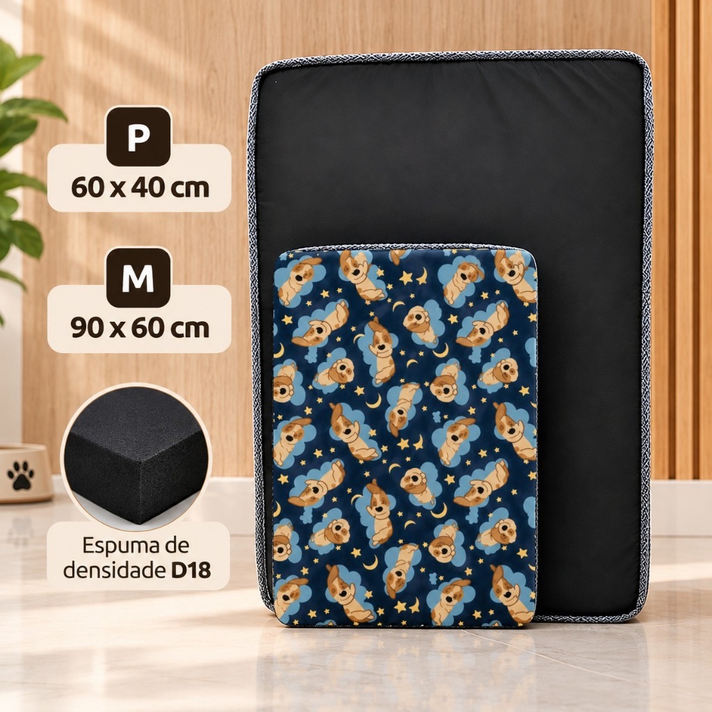 Colchão Pet Ortopédico D18 Preto Estampa Sortida Pets Impermeável para Cães e Gatos