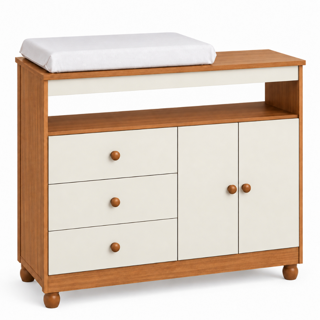 Imagem Cômoda Infantil 92cm para Bebê com Trocador 3 Gavetas 2 Portas Nicho Organizador e Pés com Regulagem