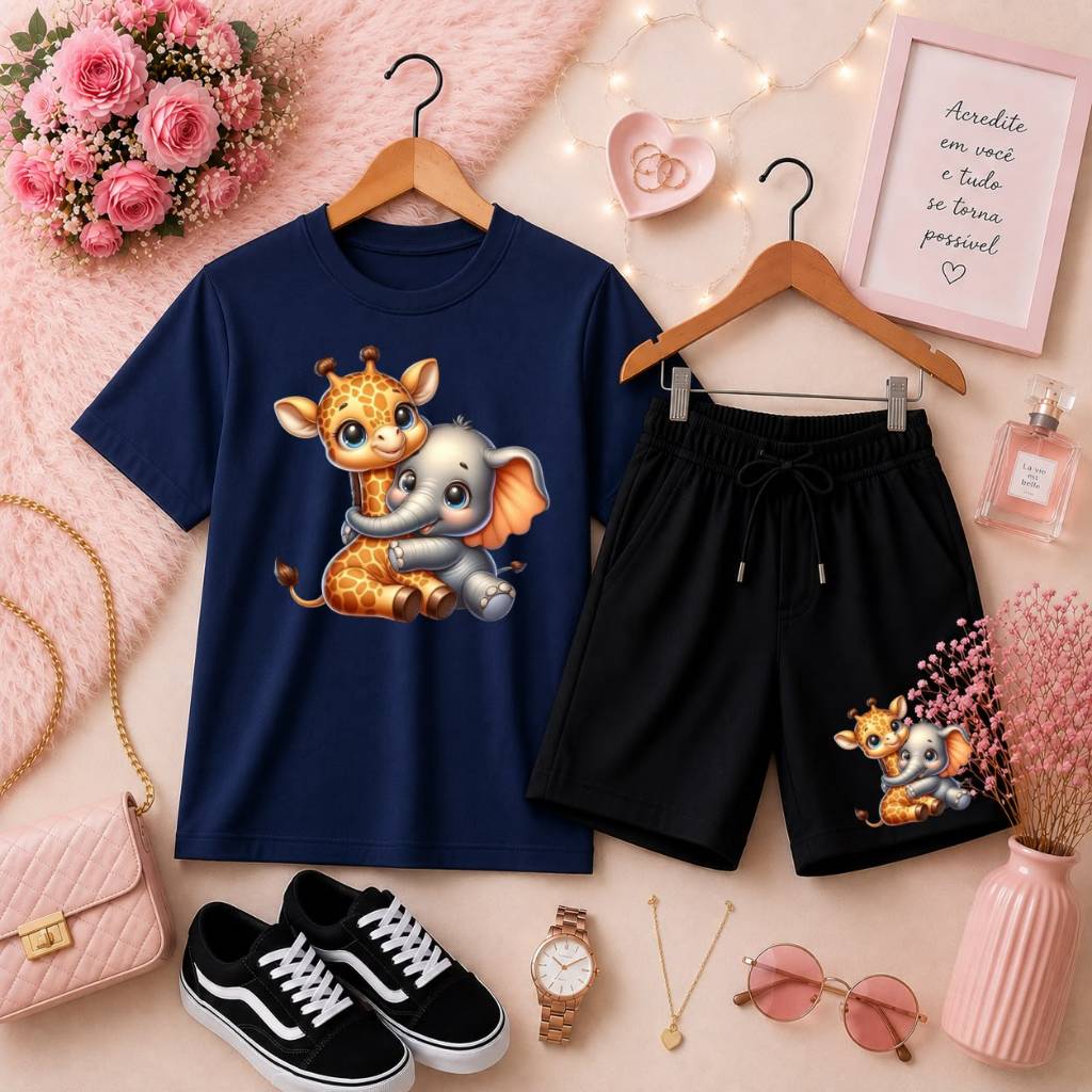 Estilo Fofo e Confortável ✨ Conjunto Infantil Feminino Camiseta Básica e Short de Moletom Estampado Girafa e Elefantinho
