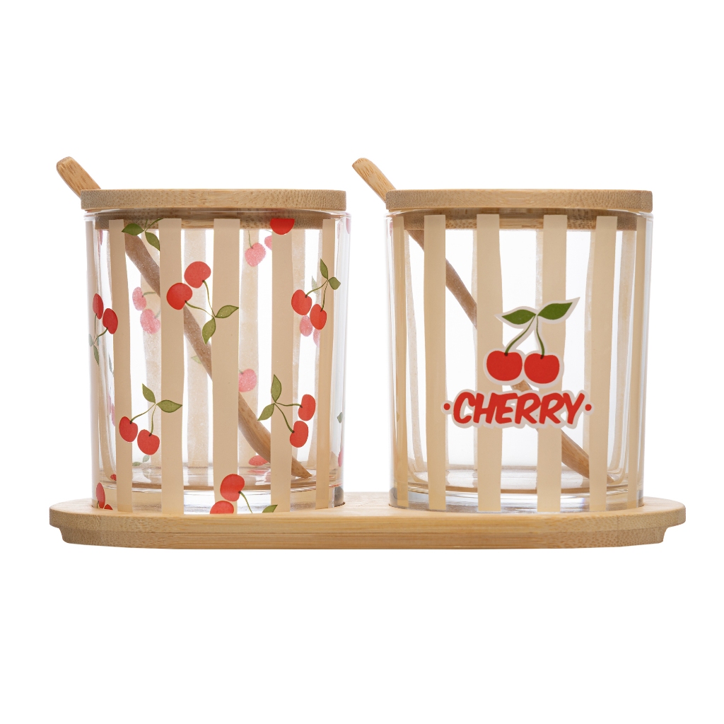 Conjunto 2 Potes de Vidro Cherry com Colheres e Bandeja Bambu Lyor para Geleias Mel Patês Mesa Posta Café da Manhã Ideal