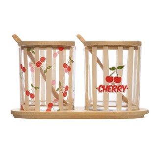 Conjunto 2 Potes de Vidro Cherry com Colheres e Bandeja Bambu Lyor para Geleias Mel Patês Mesa Posta Café da Manhã Ideal
