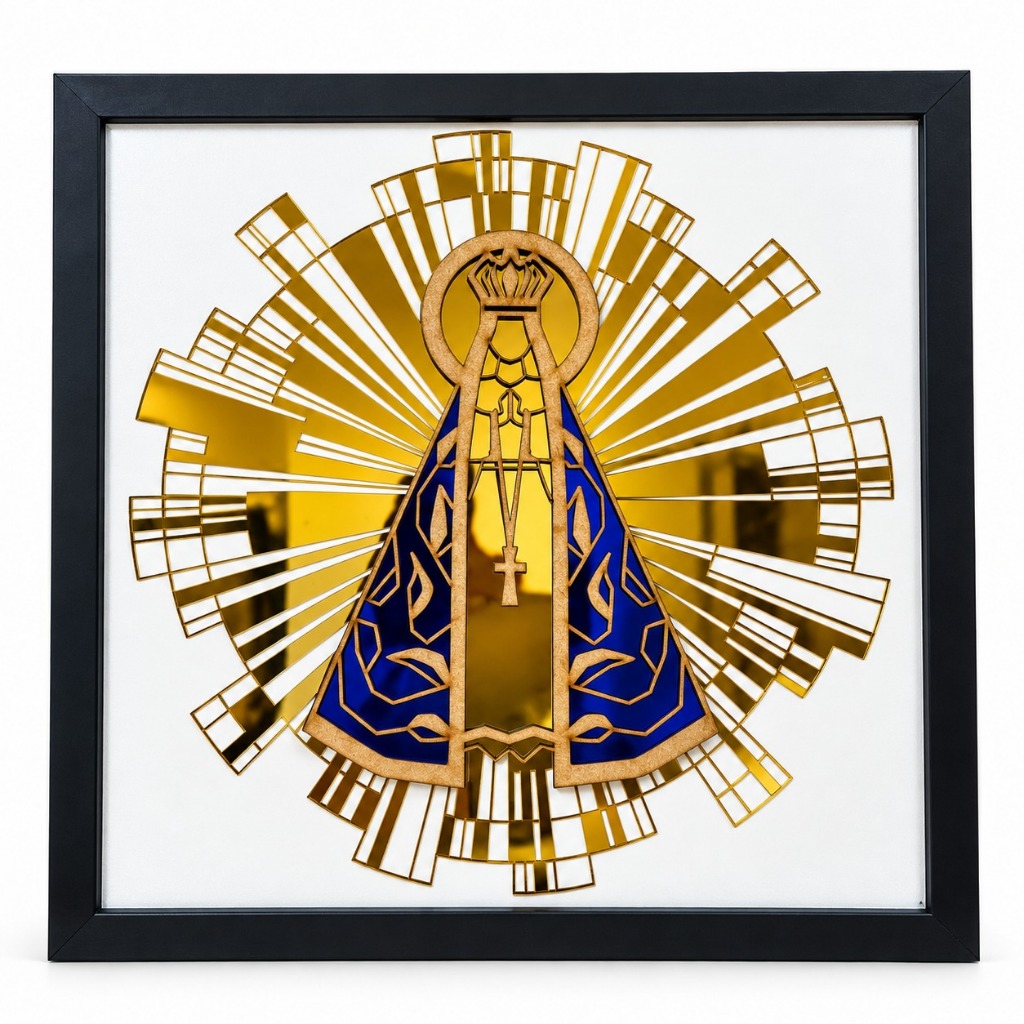 Quadro Nossa Senhora Aparecida 3D 40x40cm Exclusivo MDF Acrílico Moldura Decoração Premium