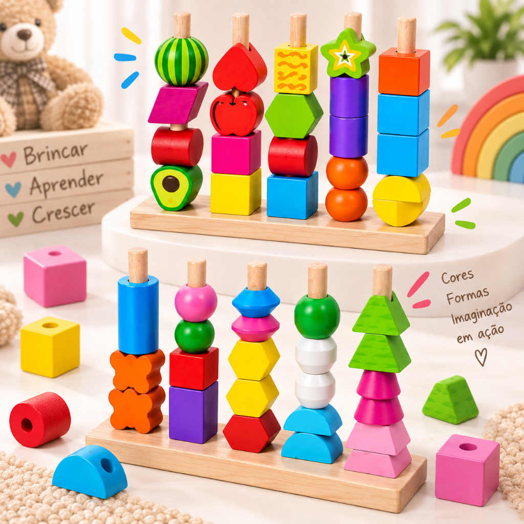 Brinquedo Educativo Infantil Inteligente Interativo empilhar formas Montessori Madeira para crianças