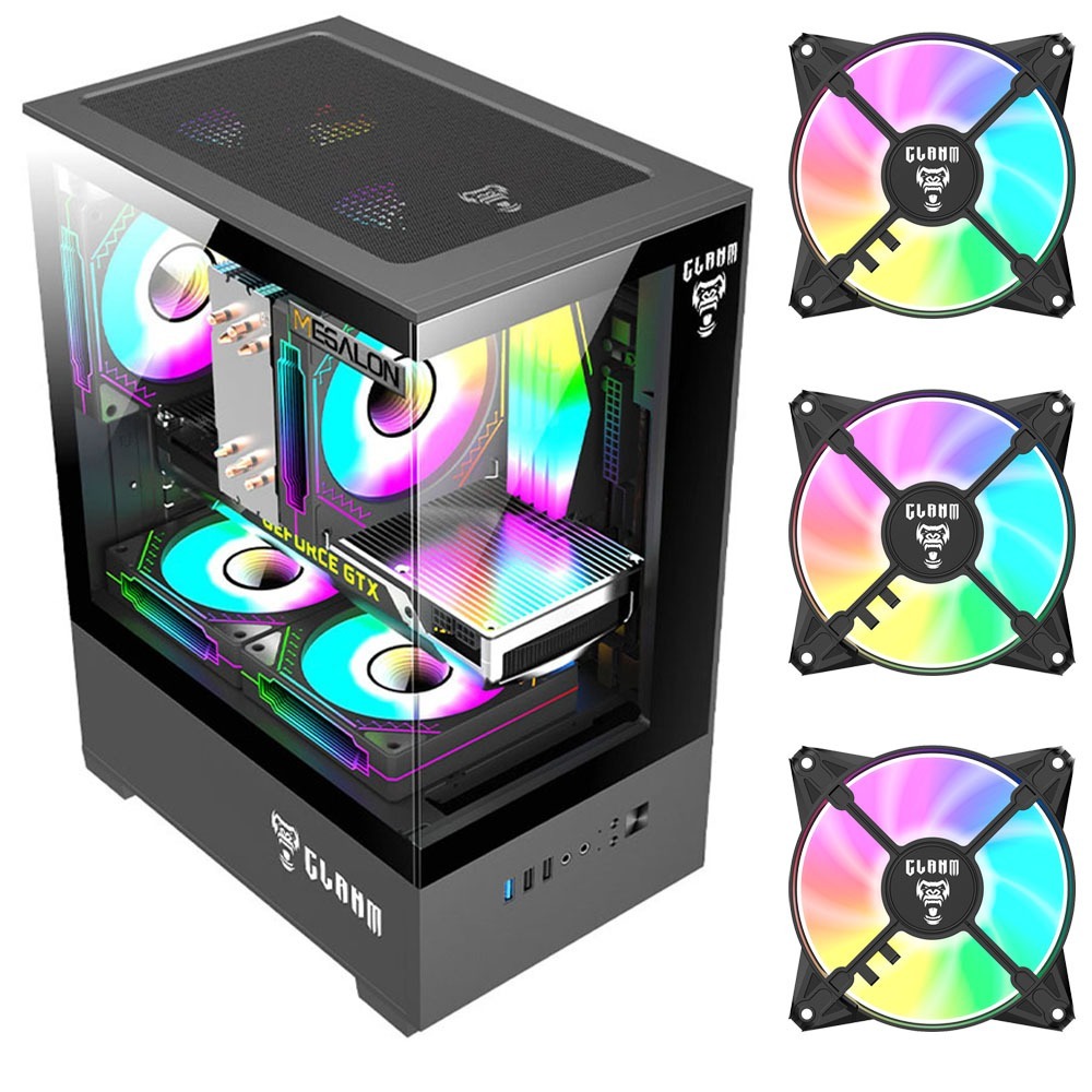 Gabinete Gamer Megalon Night CLANM Mid Tower Vidro Temperado 3 Fans RGB Preto