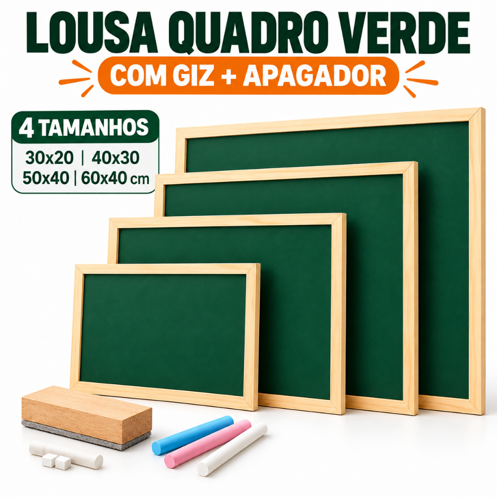 Lousa Quadro Verde com Moldura de Madeira + Giz e Apagador Escolar Vários Tamanhos 30x20 a 70x50cm