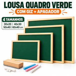 Lousa Quadro Verde com Moldura de Madeira + Giz e Apagador Escolar Vários Tamanhos 30x20 a 70x50cm