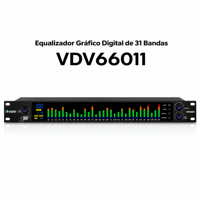 VEDO EQ31 Equalizador Digital Gráfico 31 Bandas Led C/ Gate Exciter Redução de ruído Processamento de áudio Depuração