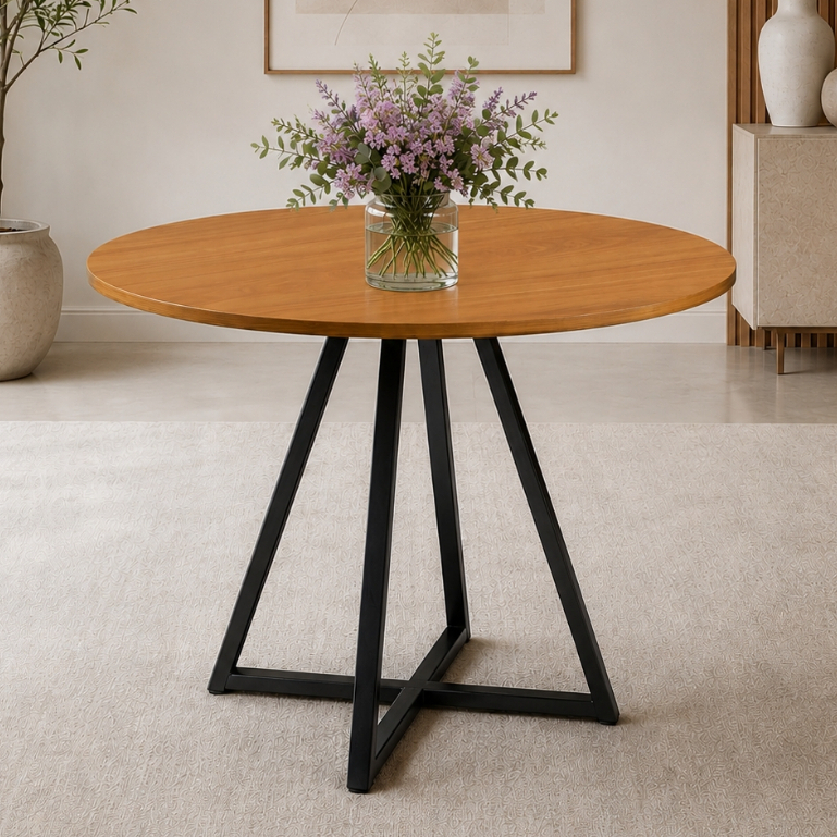 Mesa de Jantar Redonda Requinte 90cm Estilo Industrial Tampo MDF com Base em Aço Resistente Moderno