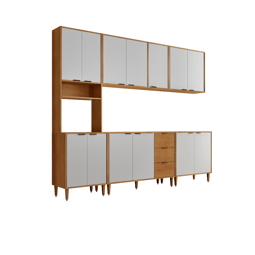Armário de Cozinha Completo Luísa 100% MDF 5 Peças 12 Portas 3 Gavetas 260cm Moderna Mobília