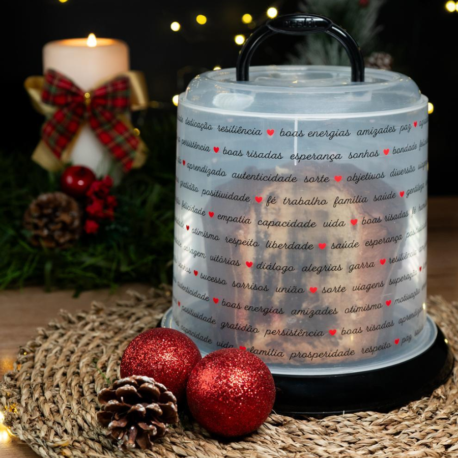 Porta Panetone Chocotone Organizador Tampa Com Alça Plástico Plasútil Decorado Arvore de Natal
