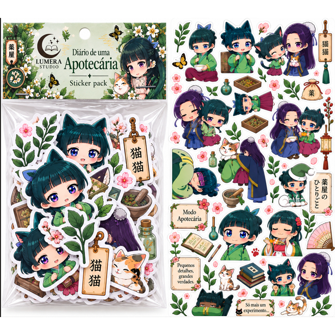 Kit 45 Adesivos Diário de uma Apotecária | Maomao e Personagens | Stickers Holográfico para Kindle, Caderno e Planner