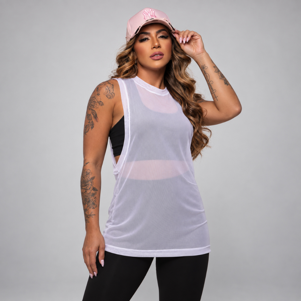 Regata Transparente de Tule Academia Feminina Regatão Blusa Moda Fitness