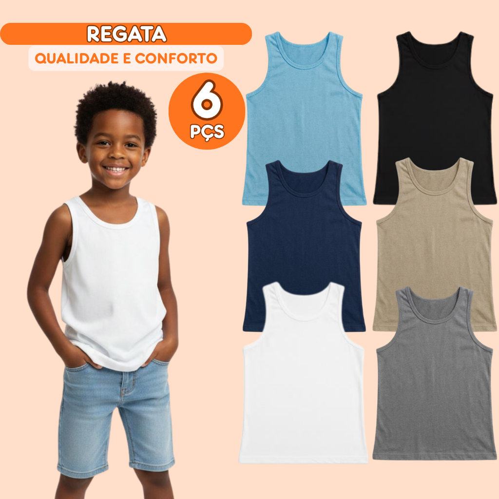 Kit 6 Regatas Infantil Menino Básica Lisa Camiseta Sem Manga Masculino Criança Verão Algodão Casual Escolar Kids