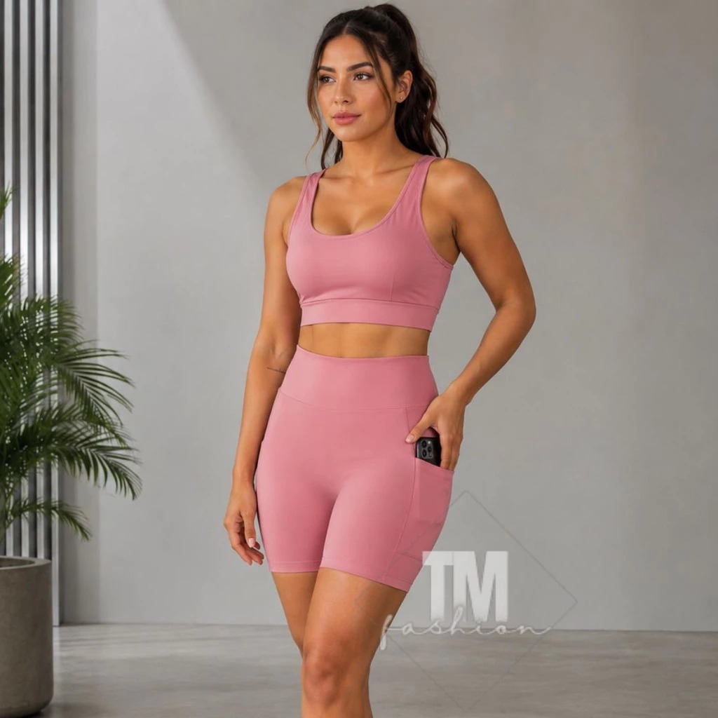 Conjunto Fitness Academia Top Shorts Bermuda Com Bolso Feminino Zero Transparência Poliamida Blackout Proteção UV Treino