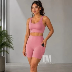 Conjunto Fitness Academia Top Shorts Bermuda Com Bolso Feminino Zero Transparência Poliamida Blackout Proteção UV Treino