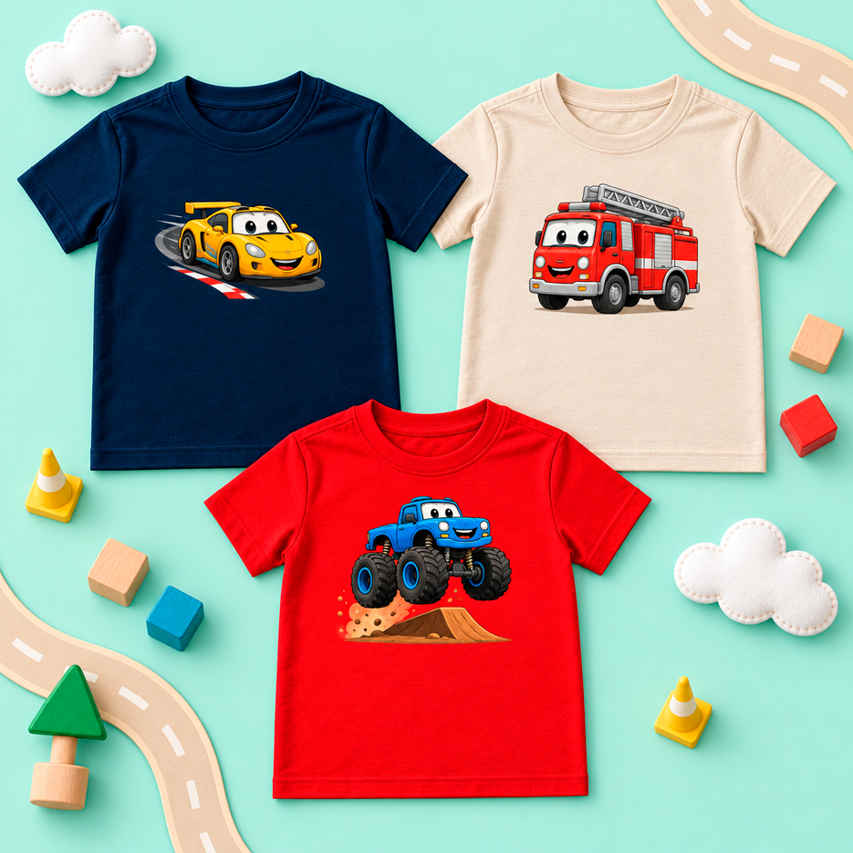 Kit 3 Camisetas Masculina Infantil Juvenil Estampadas | T-Shirt Menino Moderna Casual Algodão Carrinhos Brinquedos