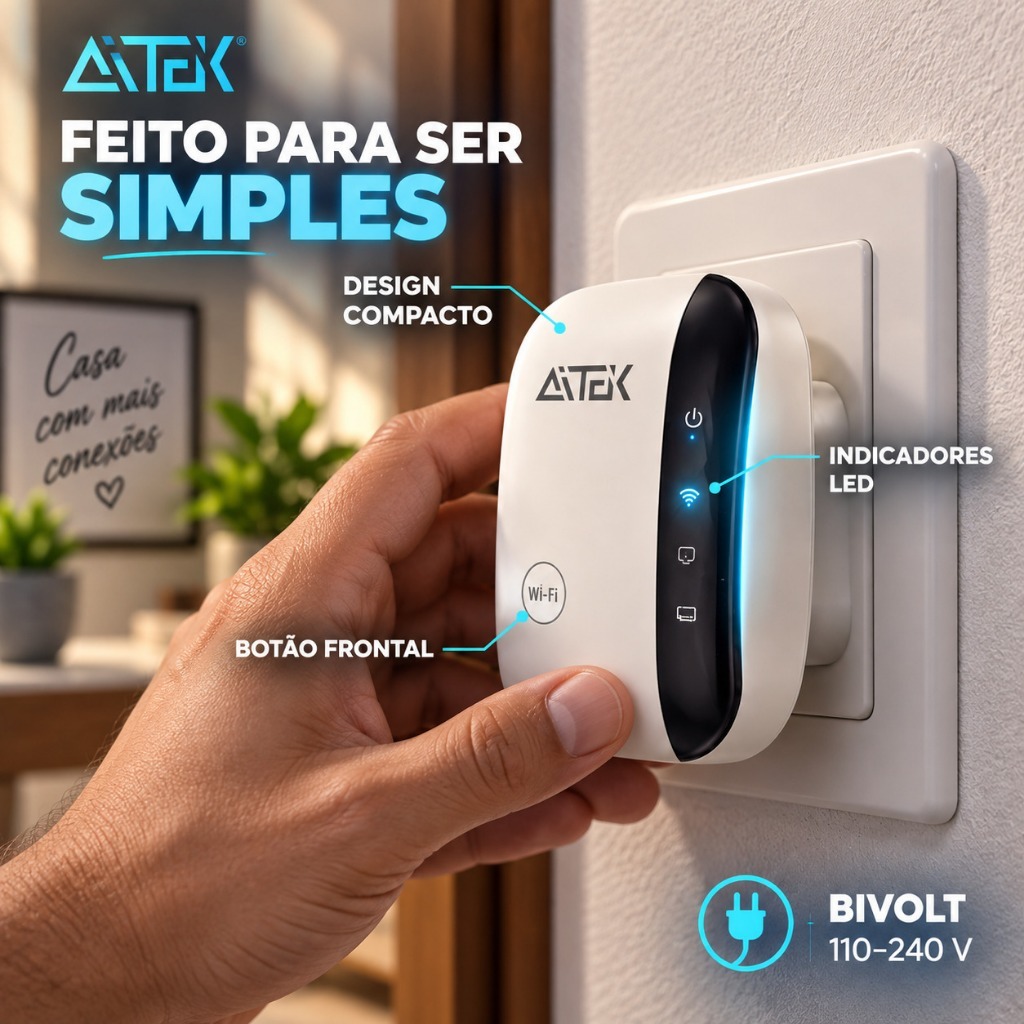 Repetidor Wifi Sem Fio Tomada Bivolt Amplia Sinal Internet Celular TV Notebook Aitek Original