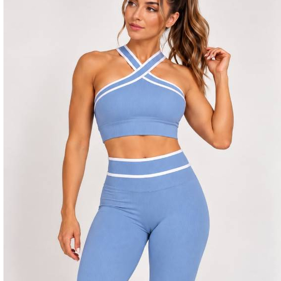 Conjunto Fitness Feminino Academia Alça Cruzada Top E Calça Legging Cós Alto Bicolor SD4138
