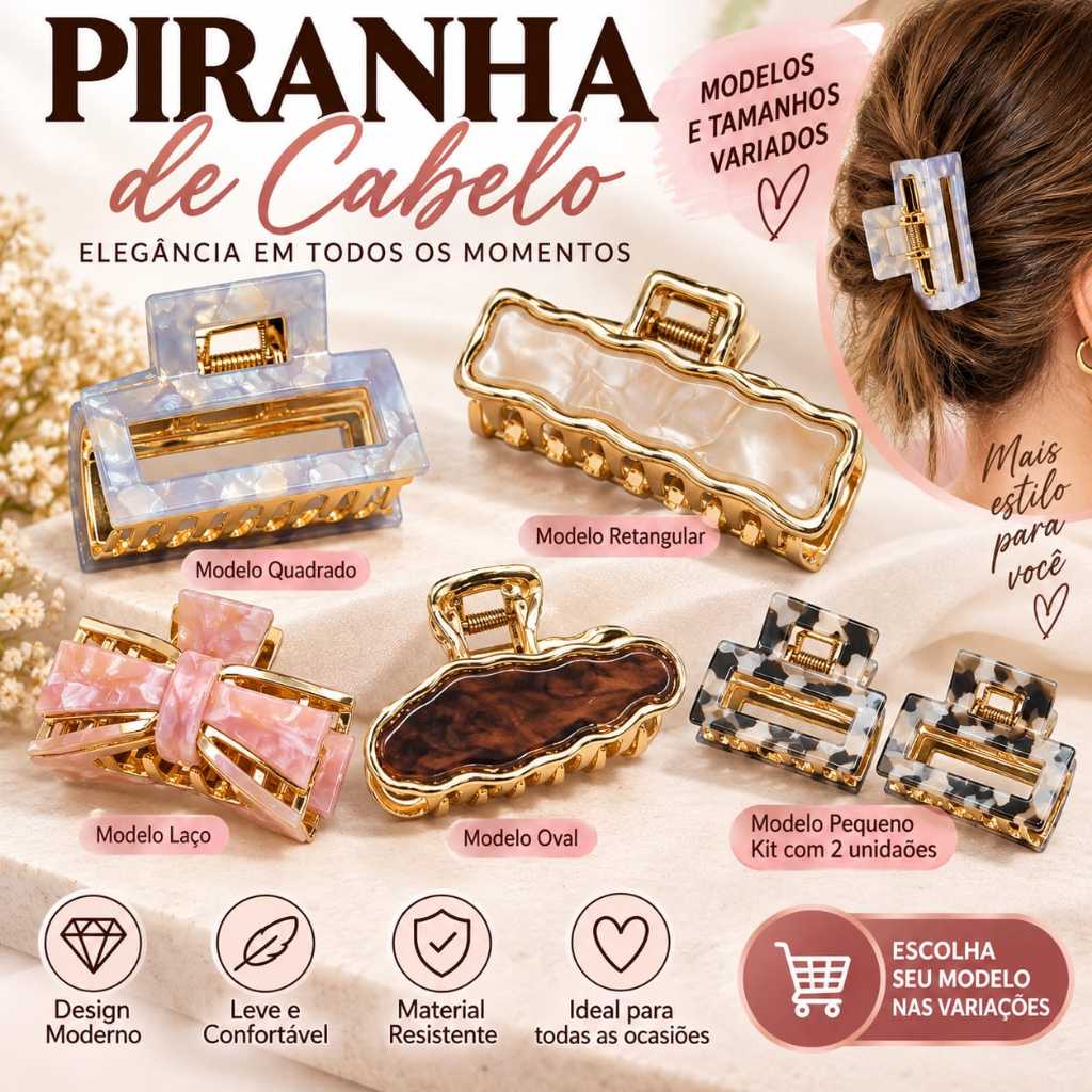 Piranha de Cabelo Retangular Metal Luxo (Escolha a Cor) Presilha Feminina Reforçada (01)