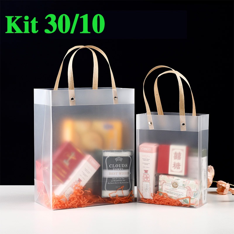 Kit 30/20/10 Sacolas de Presente PP Fosco Transparente Reforçada com Alça para Lanches Doces Bebidas e Lembrancinhas