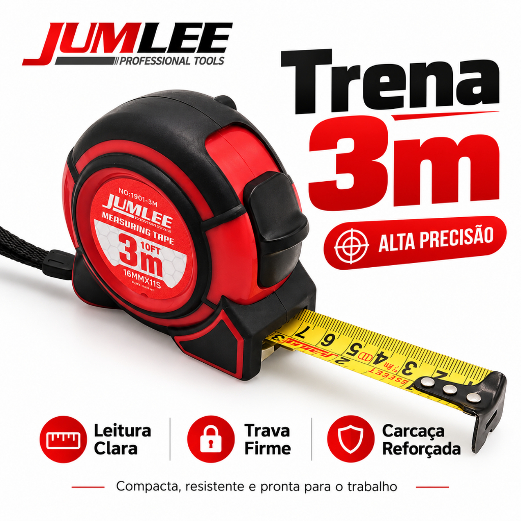 Trena 3m 10FT Fita Métrica Profissional JUMLEE com Trava Clipe Pulseira Corpo Emborrachado