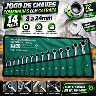 Jogo de Chaves Combinadas com Catraca 14 Peças 8 a 24mm Ferramenta Profissional para Oficina Mecânica