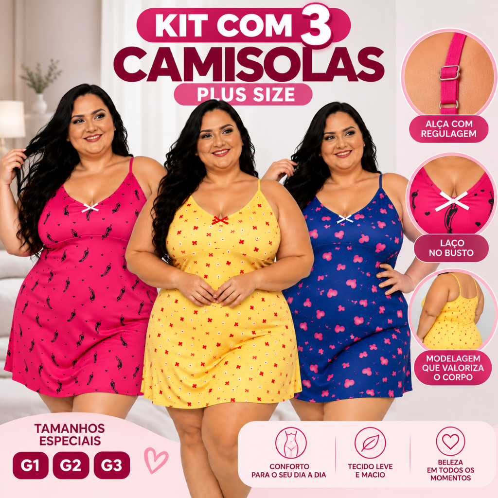 KIT com 3 Camisolas Plus Size Vestido de Dormir Extra Grande Camisola XGG