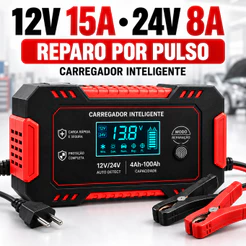 Carregador de Bateria 12V 6A Inteligente Bivolt LCD Reparação Pulso Automático Chumbo Ácido 4-100Ah