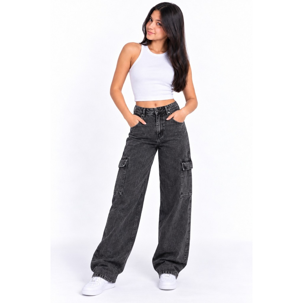 Calça Wid Leg Cargo Infantil Juvenil Jeans feminina Grafite tendencia Larga Bolso Lateral Sem lycra