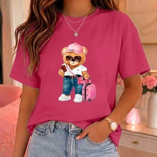 Camiseta Feminina Estampada Ursinha Fashion Aero look Mala  Viagem T-Shirt 100% Algodão Blusa Básica Manga Curta Camisa