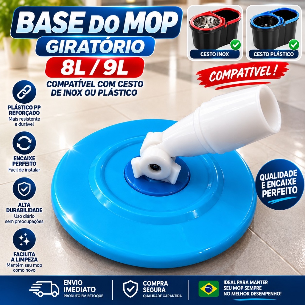 Base Mop Giratório Reposição 8L 9L Plástico PP Reforçado Resistente Compatível Cesto Inox e Plástico