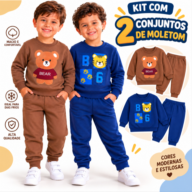 Kit com 2 Conjuntos Moletom Infantil Menino (Tamanhos 2 ao 14) Cores e Estampas Sortidas