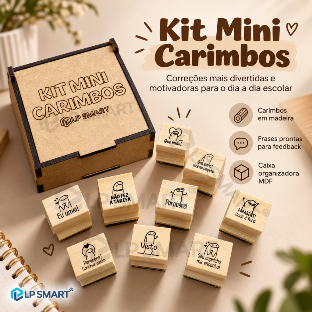 Kit 9 Mini Carimbos Pedagógicos Flork 2x2cm Professor + Caixa MDF