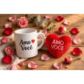 Mini Caneca Amo Você 10cm Com Coração Pelúcia Vermelho Lembrancinha Presente